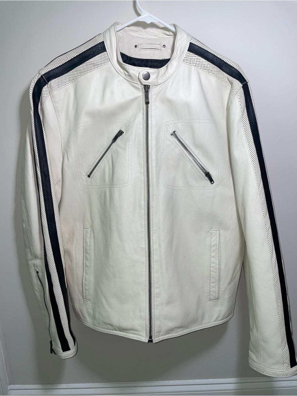 Street legal White leather Moto Racing Jacket Mens medium M Biker Cafe racer Y2K